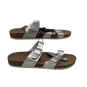 Womens Just Be Silver Buckle Strap Cork Sole Sandals Size 8